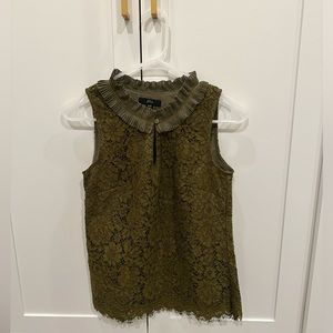 NWOT J.Crew Lace Ruffle Neck Top Moss Green Lined Sleeveless Keyhole